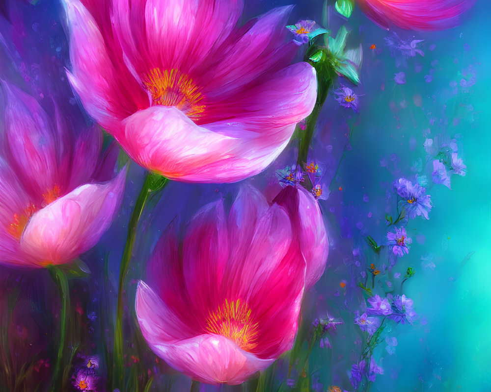 Colorful digital artwork: Pink cosmos flowers with insects on petals