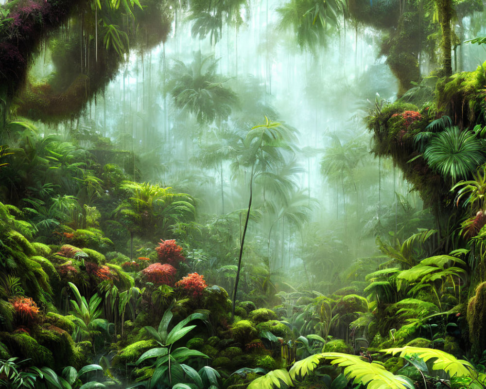 Lush Green Rainforest with Mist, Trees, and Red Flowers