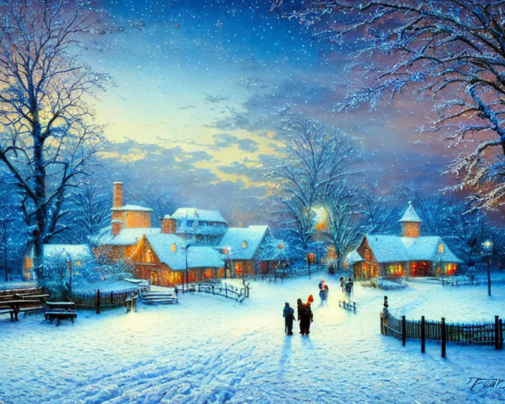 Snow-covered village at twilight with warmly lit cottages and serene blue sky