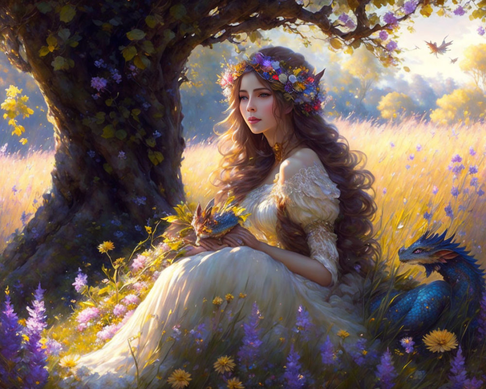 Woman in floral dress with flower crown beside blue dragon in sunlit meadow