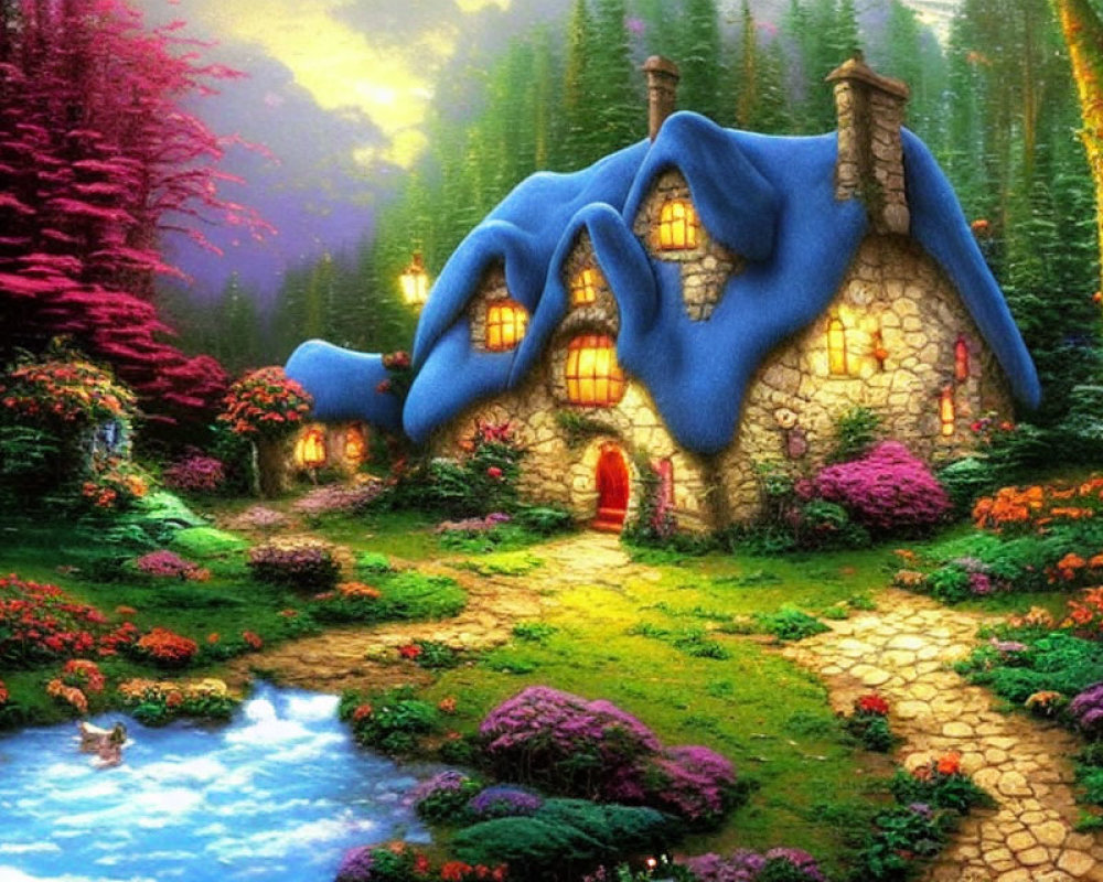 Colorful Forest Cottage with Blue Roof in Lush Garden Clearing