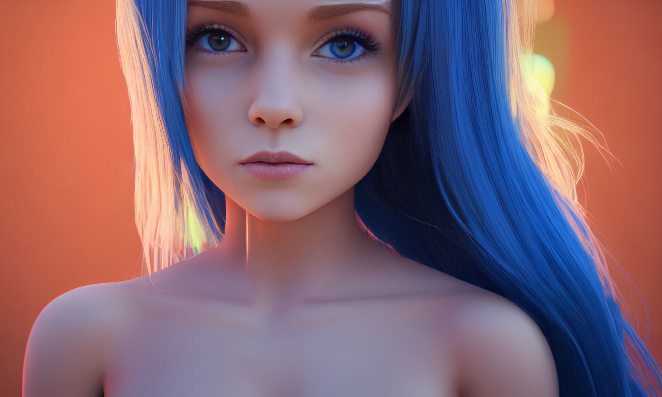 Female character with blue hair and eyes on orange background
