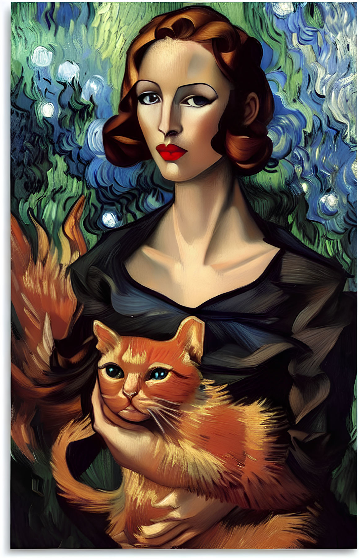 Stylized portrait of woman with wavy hair holding orange cat against Van Gogh-style background