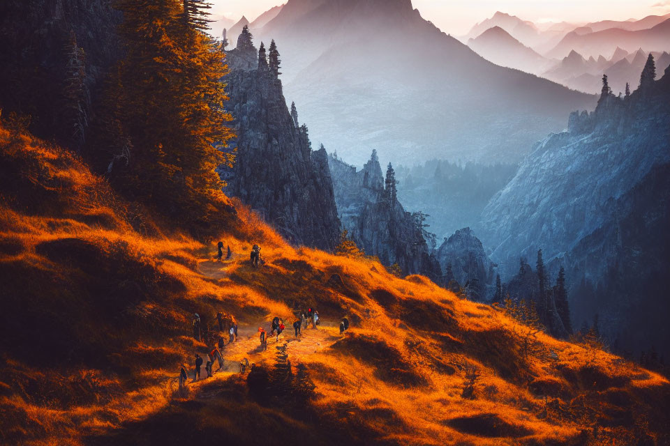 Hikers trekking on autumn hill with misty mountain backdrop