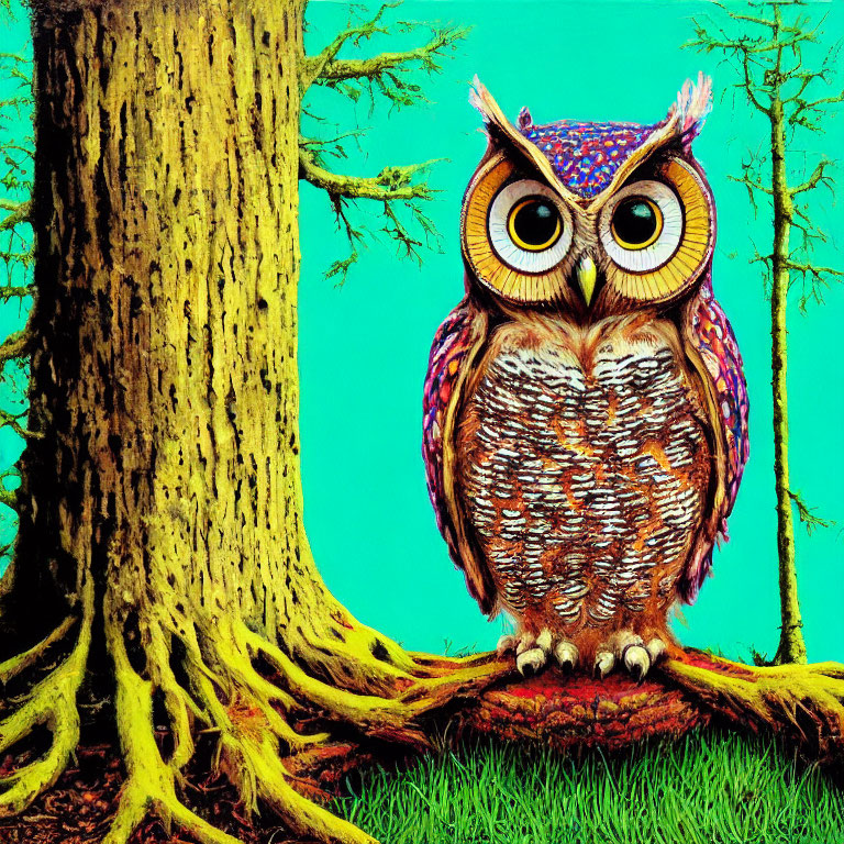 Colorful Whimsical Owl Illustration with Round Eyes and Tree Background
