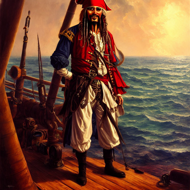 Pirate illustration: Red coat, tricorn hat, dreadlocks on ship deck