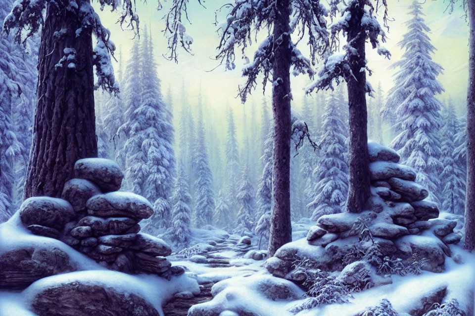 Snow-covered forest with stone-lined path and misty atmosphere