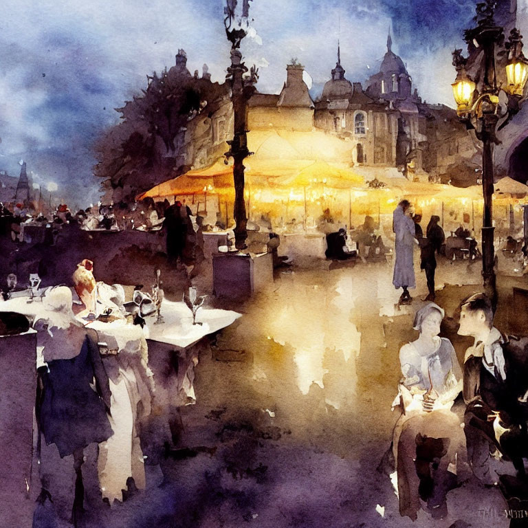 Atmospheric outdoor cafe scene at dusk with warm lighting