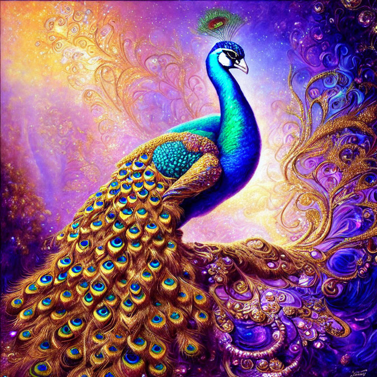Colorful peacock illustration with blue and purple palette and ornate tail feathers