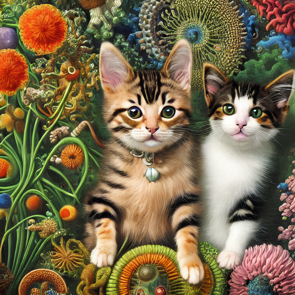 Two kittens surrounded by colorful flowers and intricate plant life