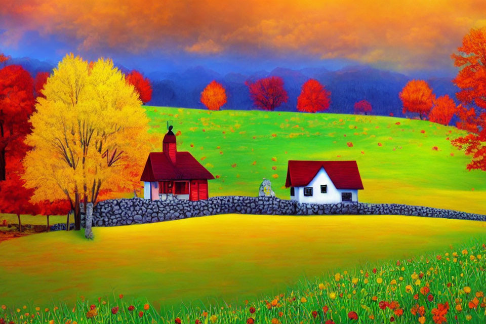Colorful Autumn Landscape with Red-Roofed Houses and Dramatic Sky