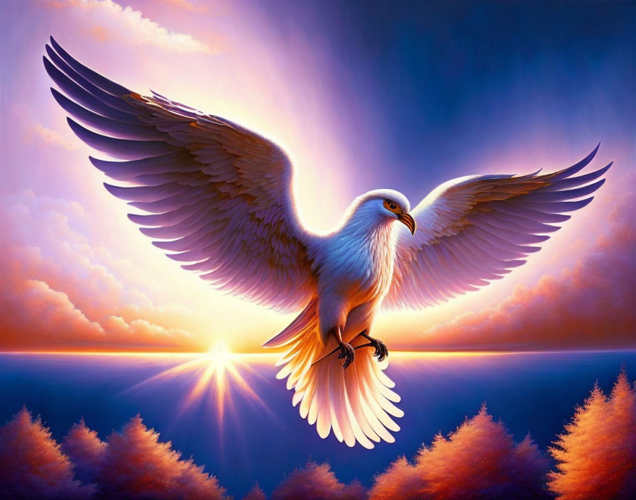Majestic eagle soaring with outstretched wings at sunrise or sunset