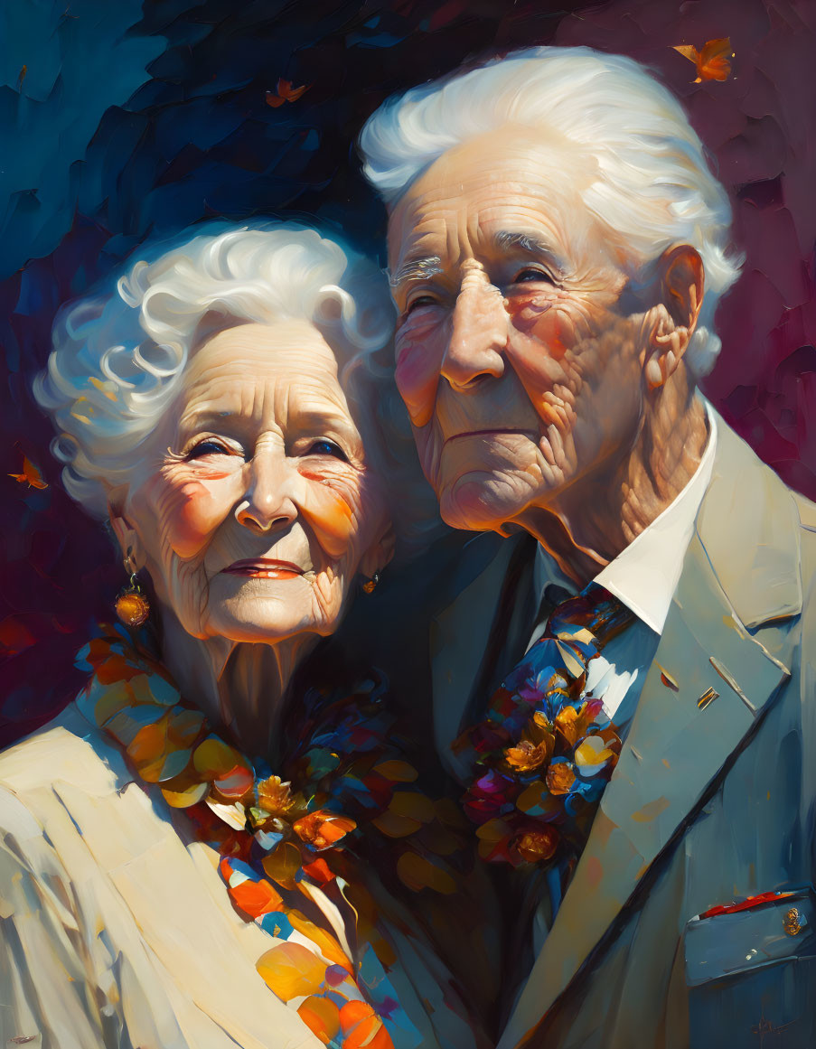 Elderly Couple in Autumn Setting with Joyful Expressions
