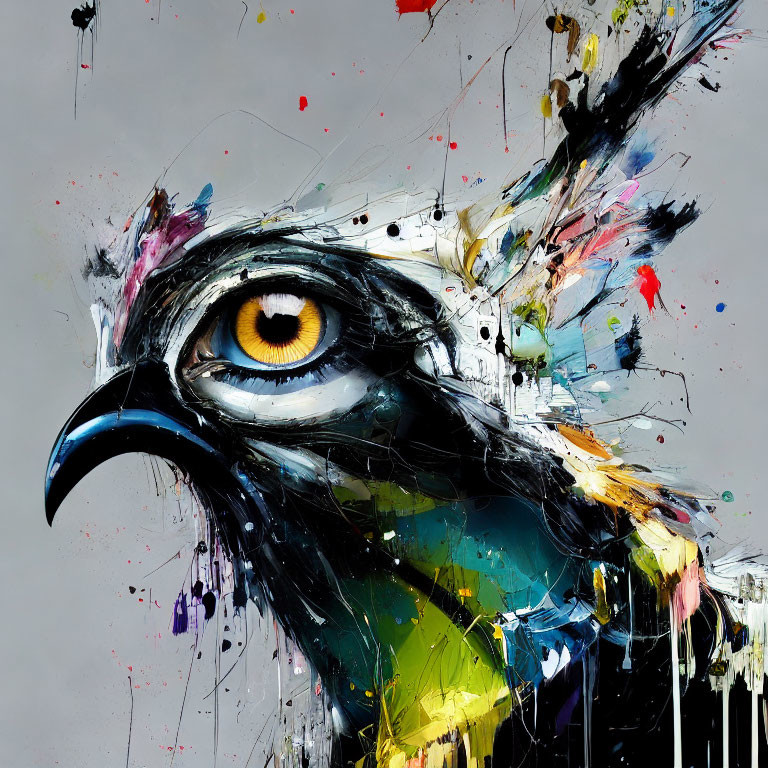 Colorful Eagle Eye and Beak Painting on Gray Background