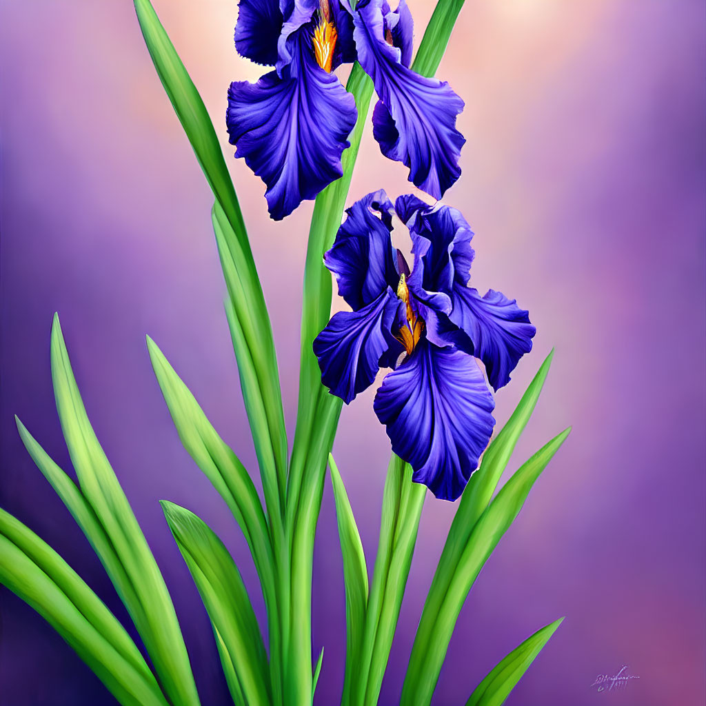 Colorful Blue Irises with Yellow Accents on Blurred Background
