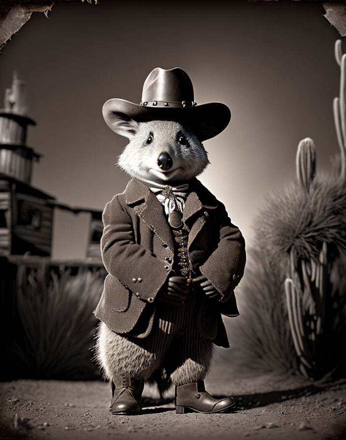 Anthropomorphic koala cowboy in sepia-toned wild west setting