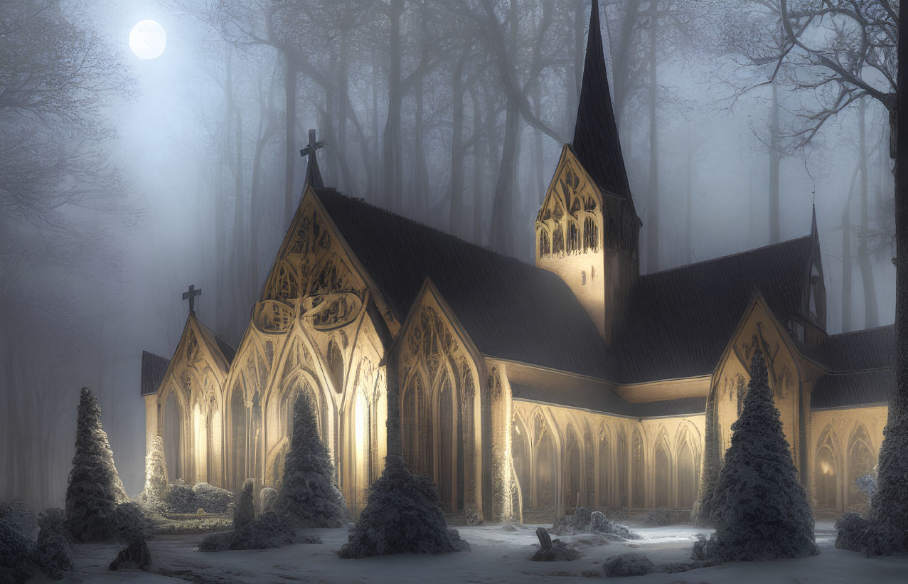 Gothic church in snowy forest under moonlit sky