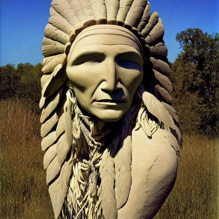 Native American Statue with Detailed Headdress in Natural Setting