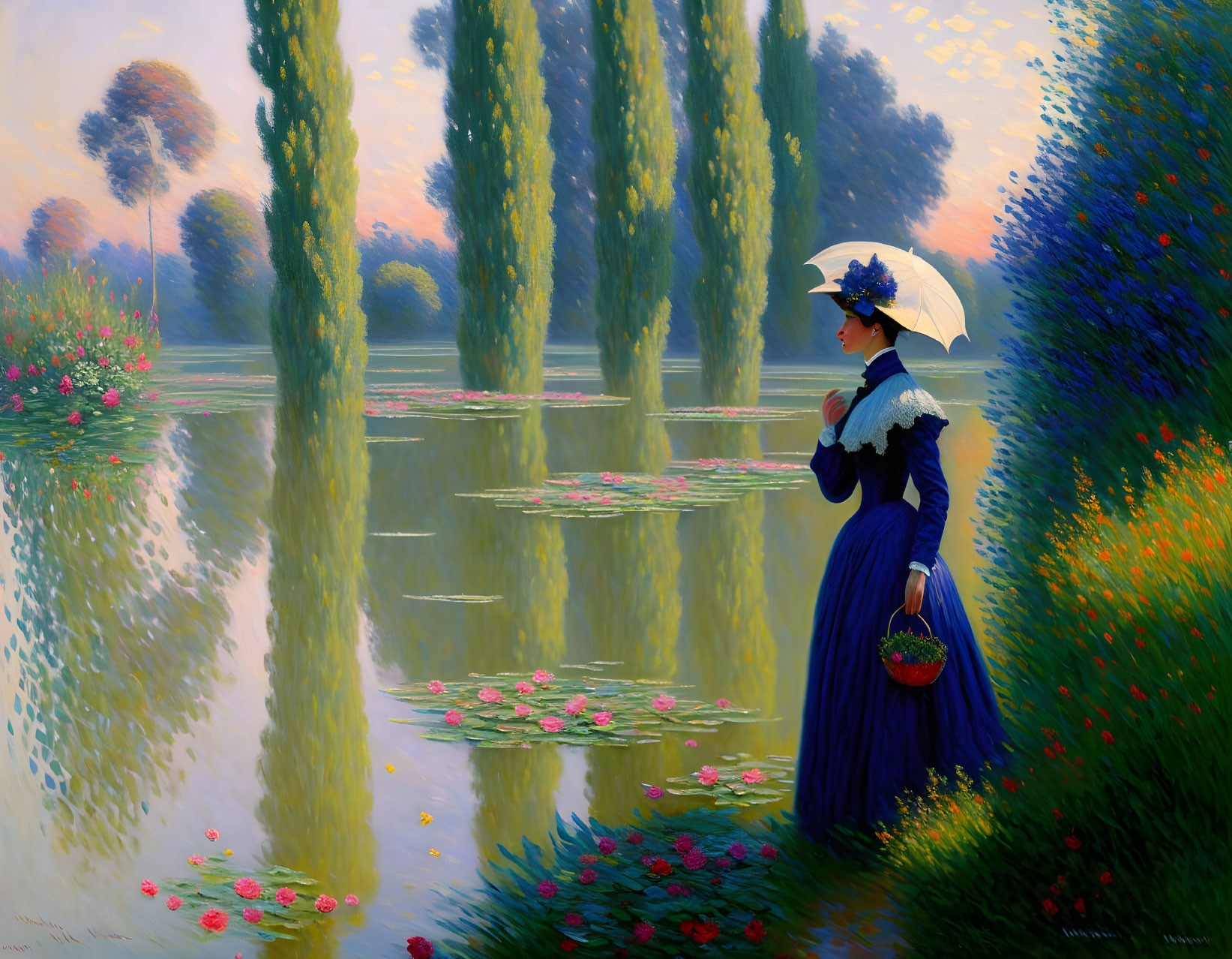 Woman in blue dress and white hat by reflective pond in serene landscape