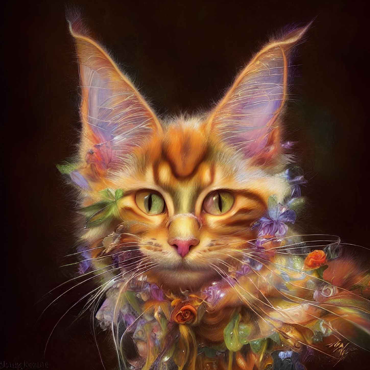 Whimsical large-eyed cat with colorful floral fur portrait