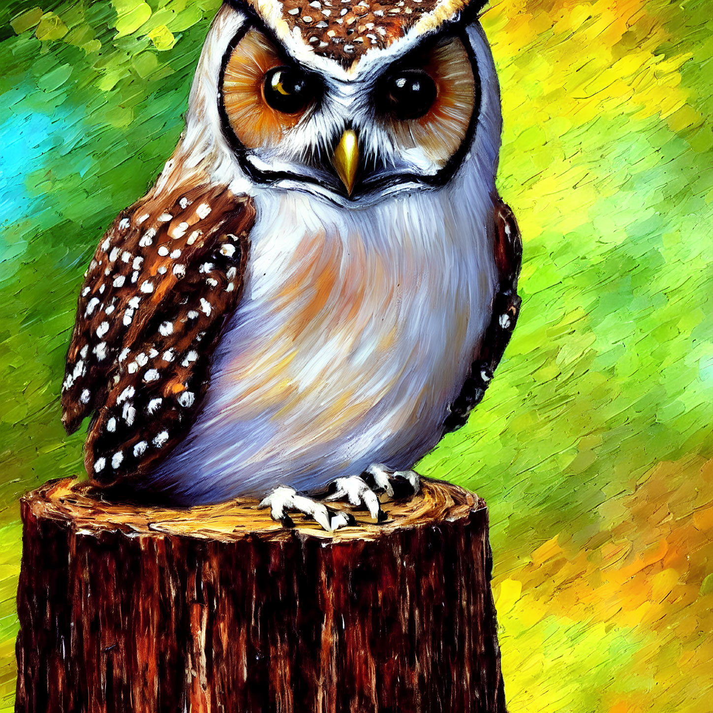 Colorful Owl Perched on Stump with Abstract Background