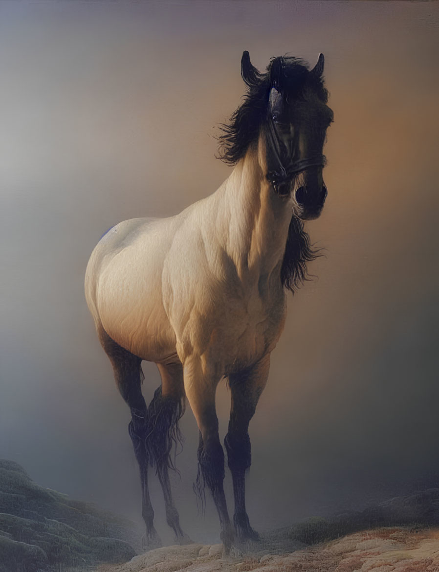 White Horse with Flowing Mane and Tail in Ethereal Landscape