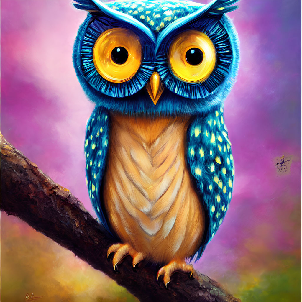Vibrant Stylized Owl Illustration with Yellow Eyes and Blue Feathers
