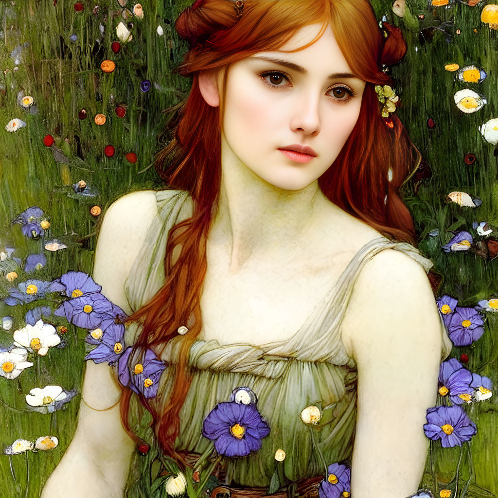 Digital painting of woman with pointed ears, red hair, green dress, and colorful flowers in lush field