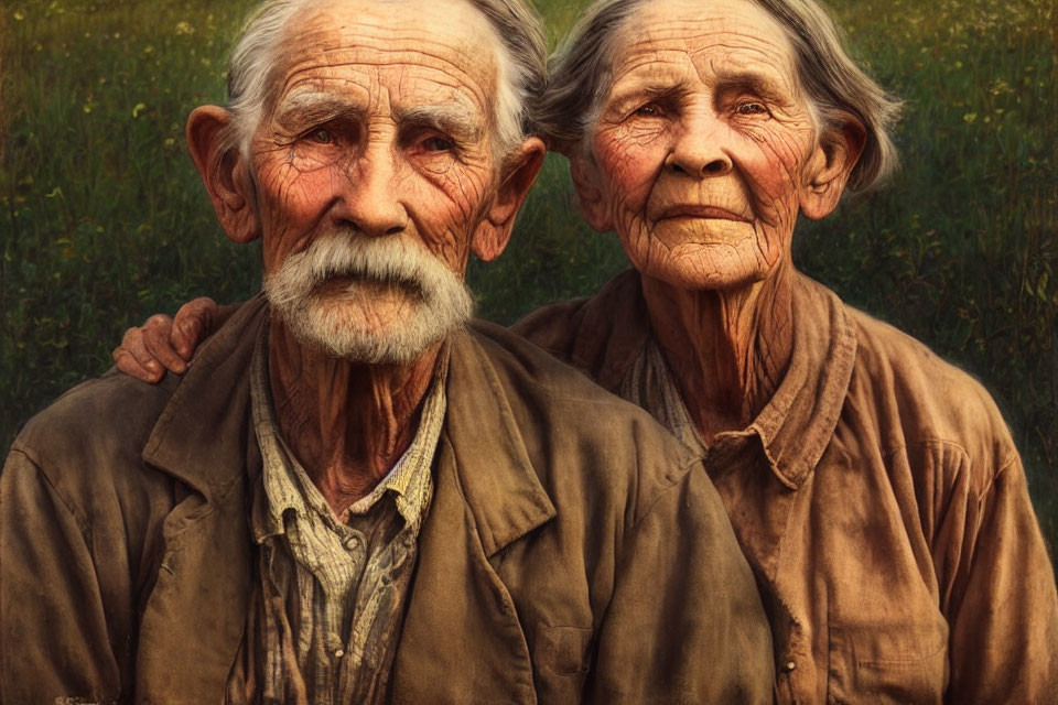 Elderly couple with white beard and serene woman in a field