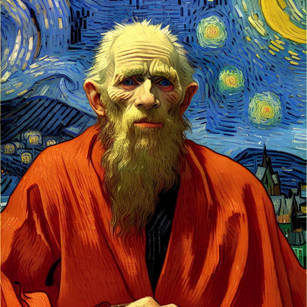 Elderly man with piercing eyes in red robe under starry night