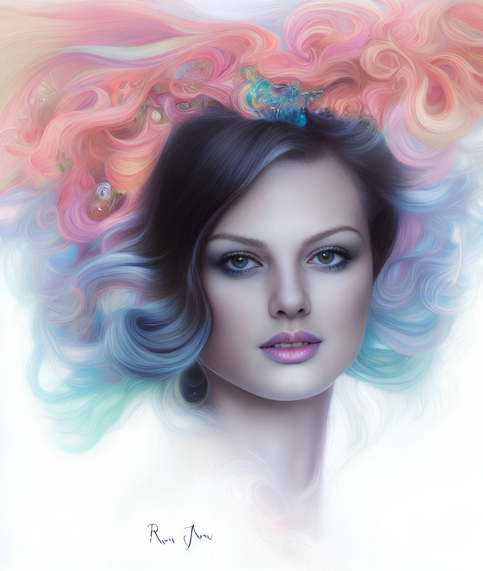 Colorful portrait of woman with captivating eyes and swirly hair and butterfly on head.