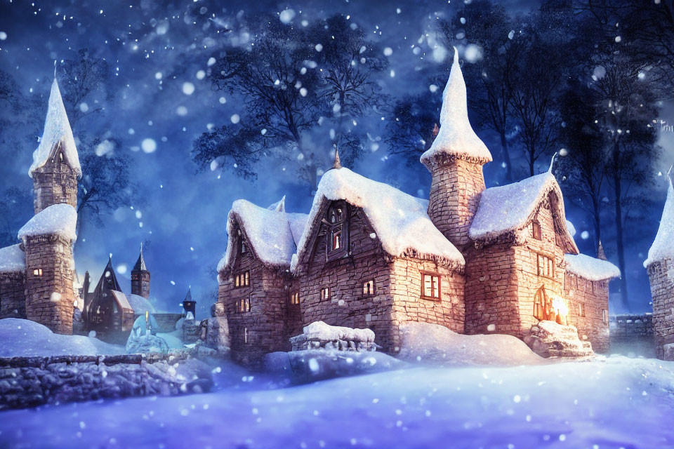 Snow-covered cottages, turrets, and trees in a magical winter night scene