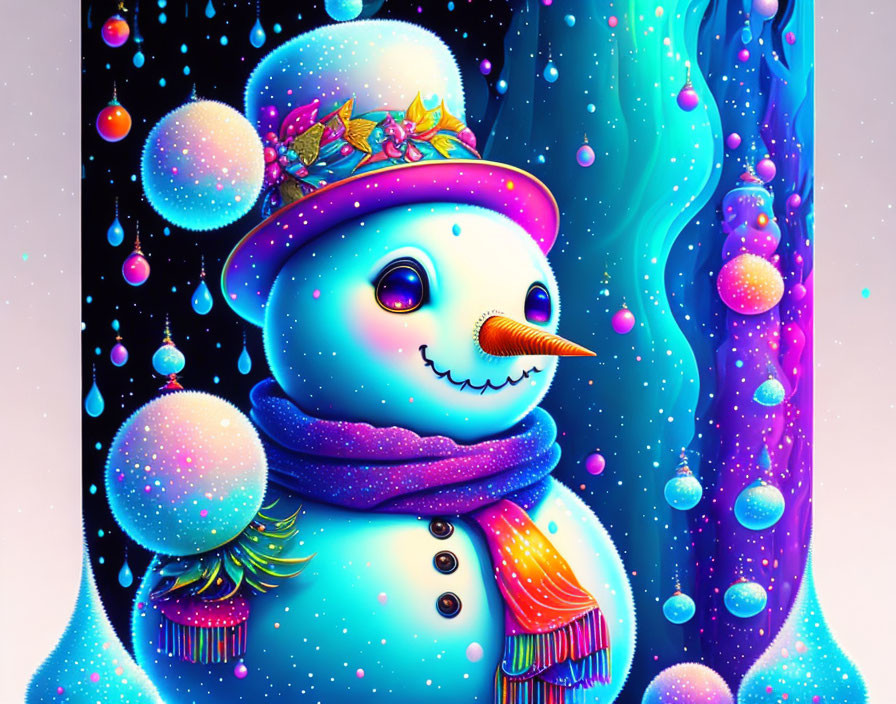 Colorful Snowman with Glowing Orbs in Magical Winter Night