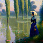 Woman in blue dress and white hat by reflective pond in serene landscape