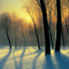 Snowy forest scene: Lone wolf at sunrise in bare trees.