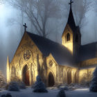 Gothic church in snowy forest under moonlit sky