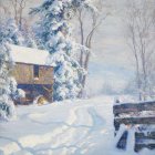 Snowy landscape with cabin, trees, and river in soft light