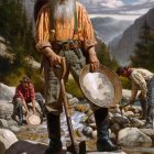 Aged prospector in wide-brimmed hat panning in stream amidst rocky landscape