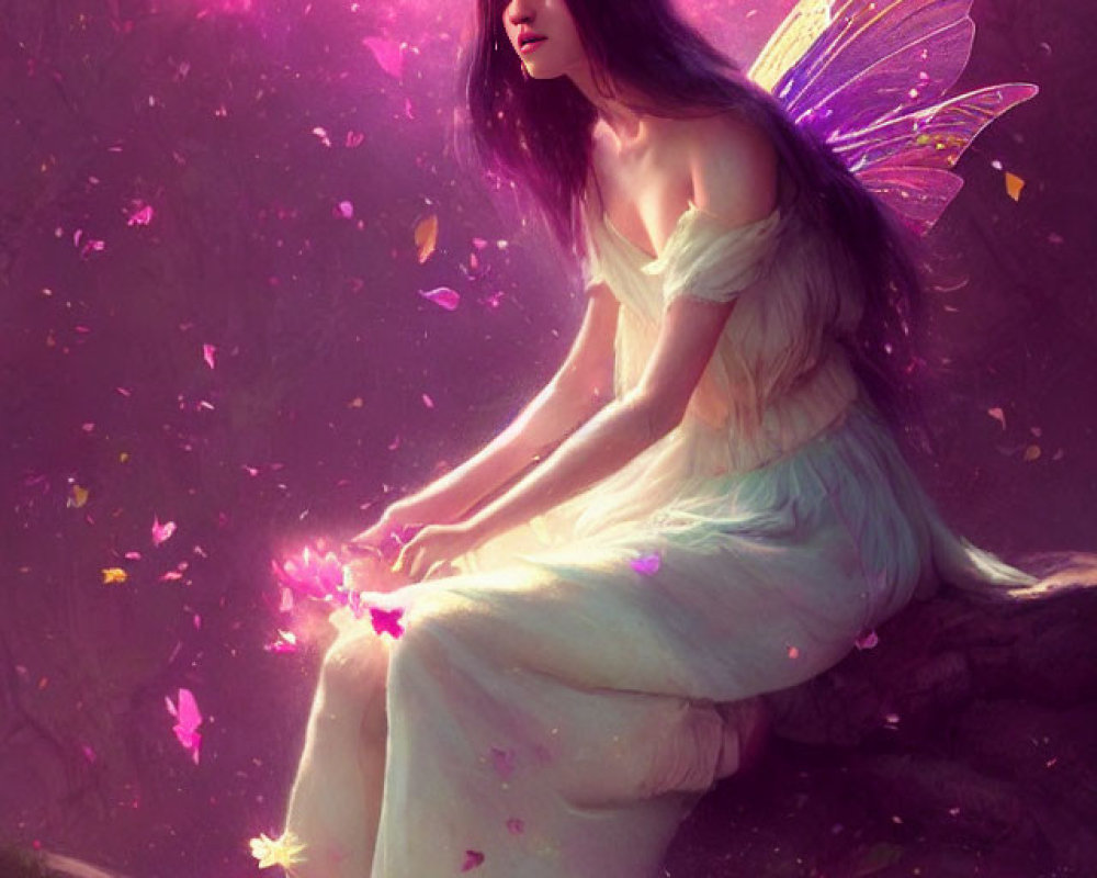 Translucent-winged fairy in mystical forest with swirling pink petals