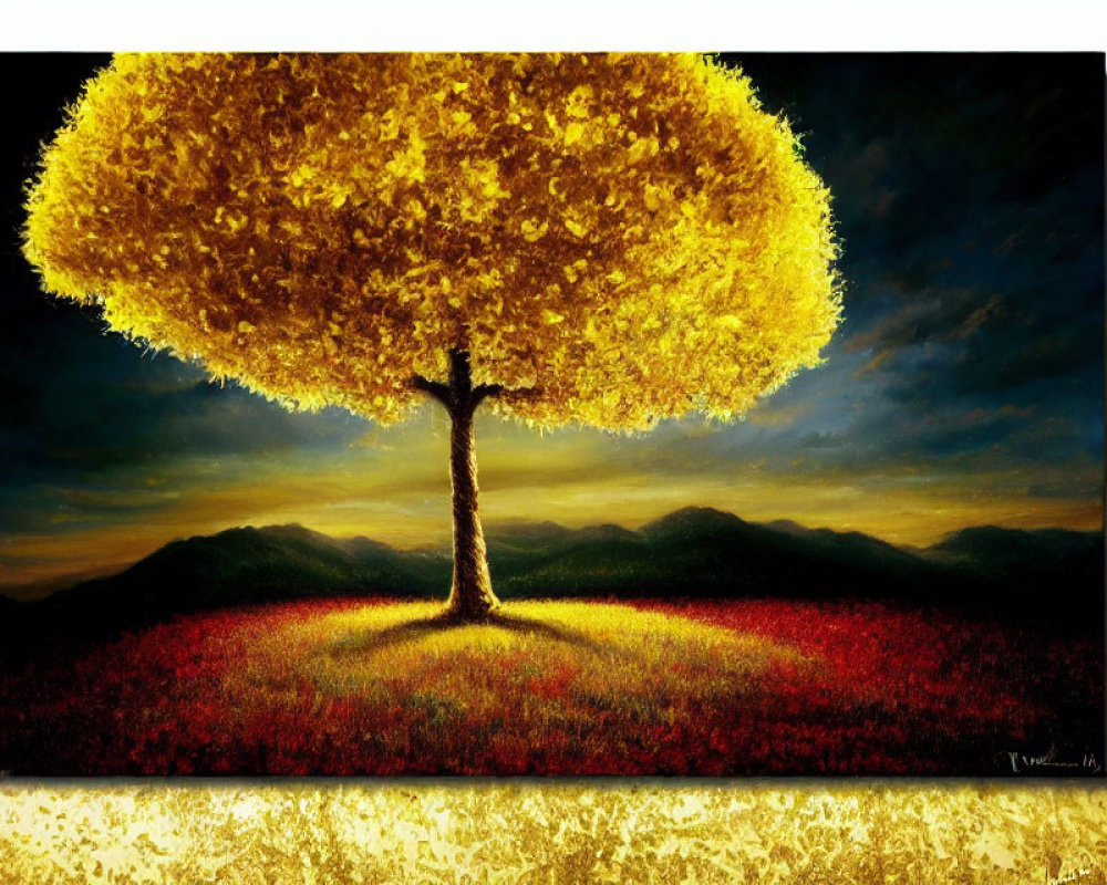 Vibrant painting of solitary tree on hill with golden canopy, red foliage, mountains, and sunset