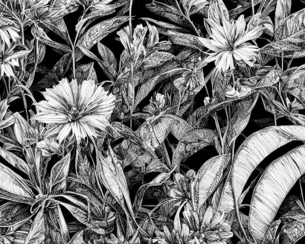 Detailed Black and White Floral and Foliage Patterns Illustration