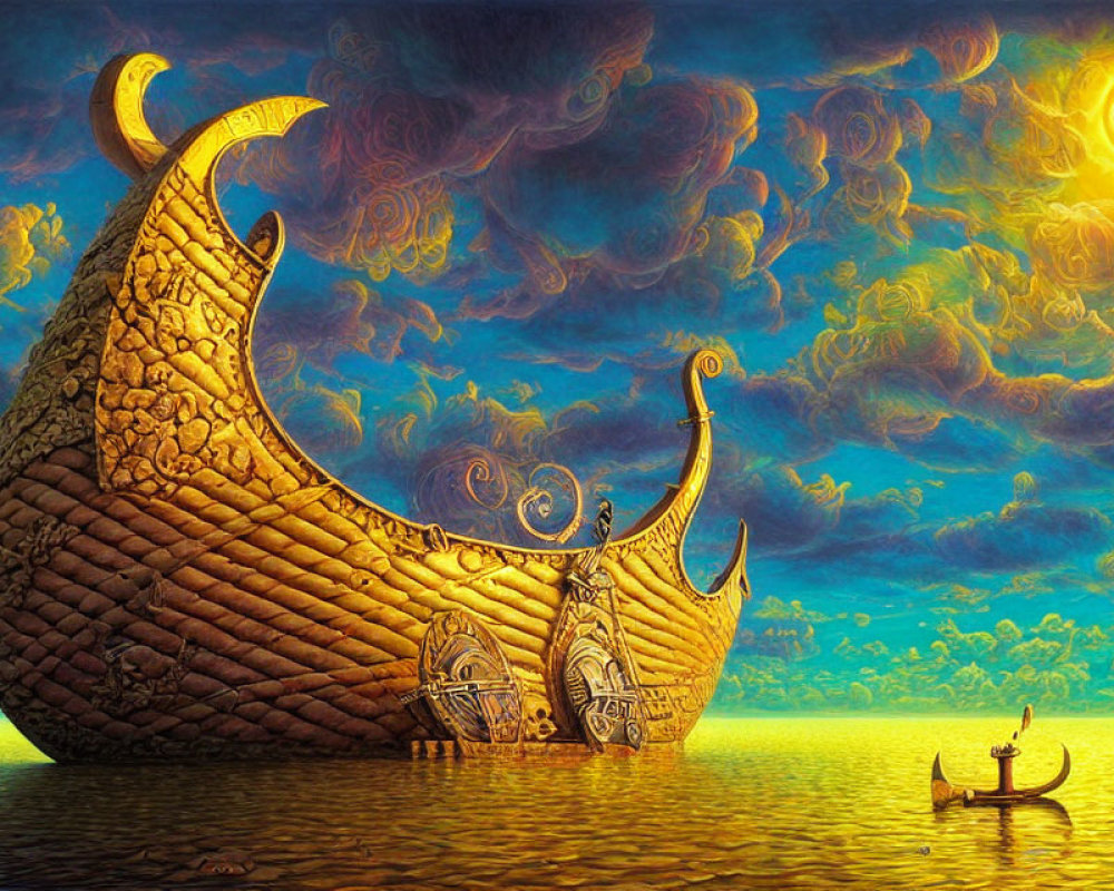 Giant Viking-like ship with crescent moon sails on golden water under sunlit sky