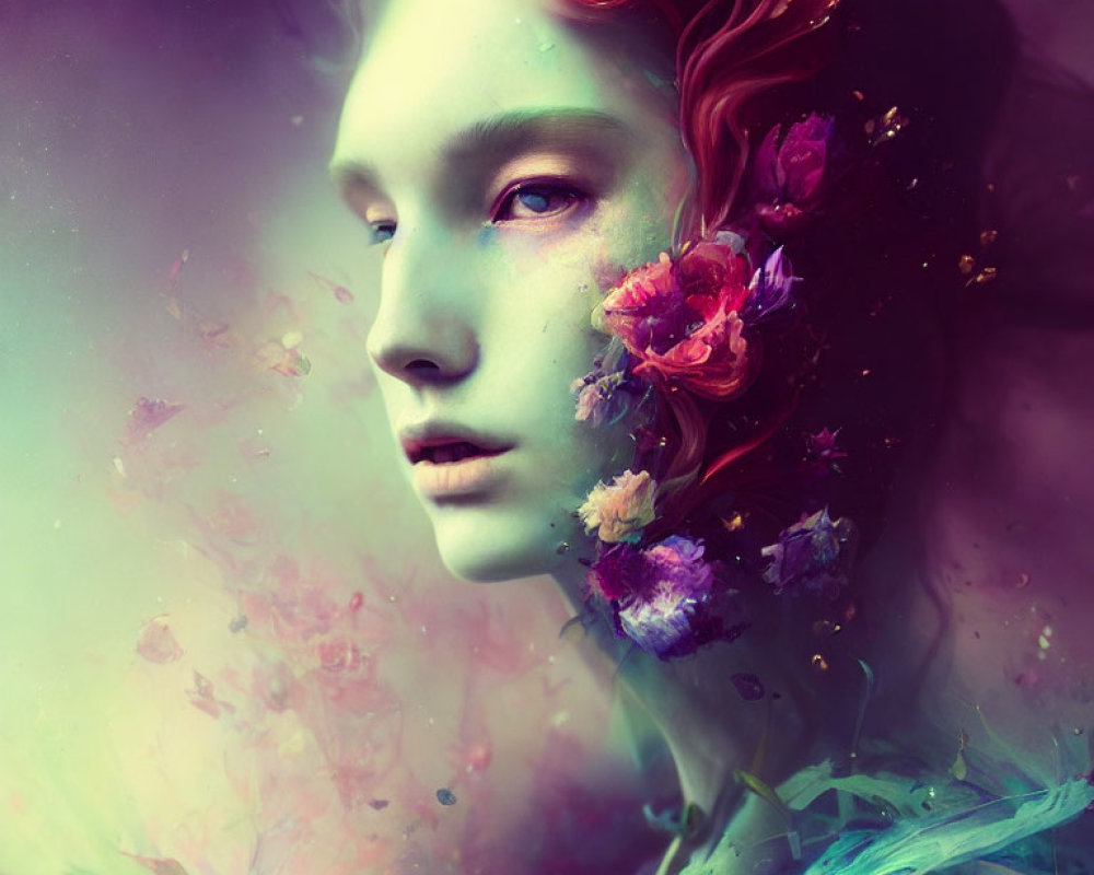 Colorful surreal portrait with floral embellishments