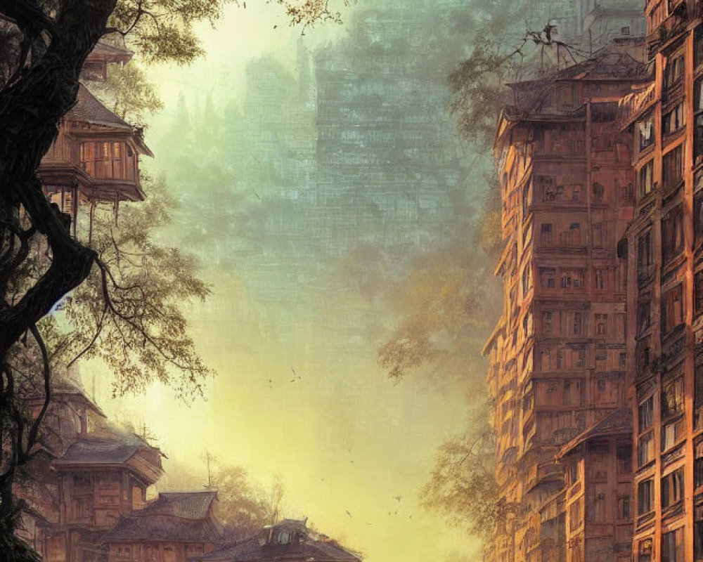 Person swinging from rope in misty ancient cityscape with foliage and warm golden light