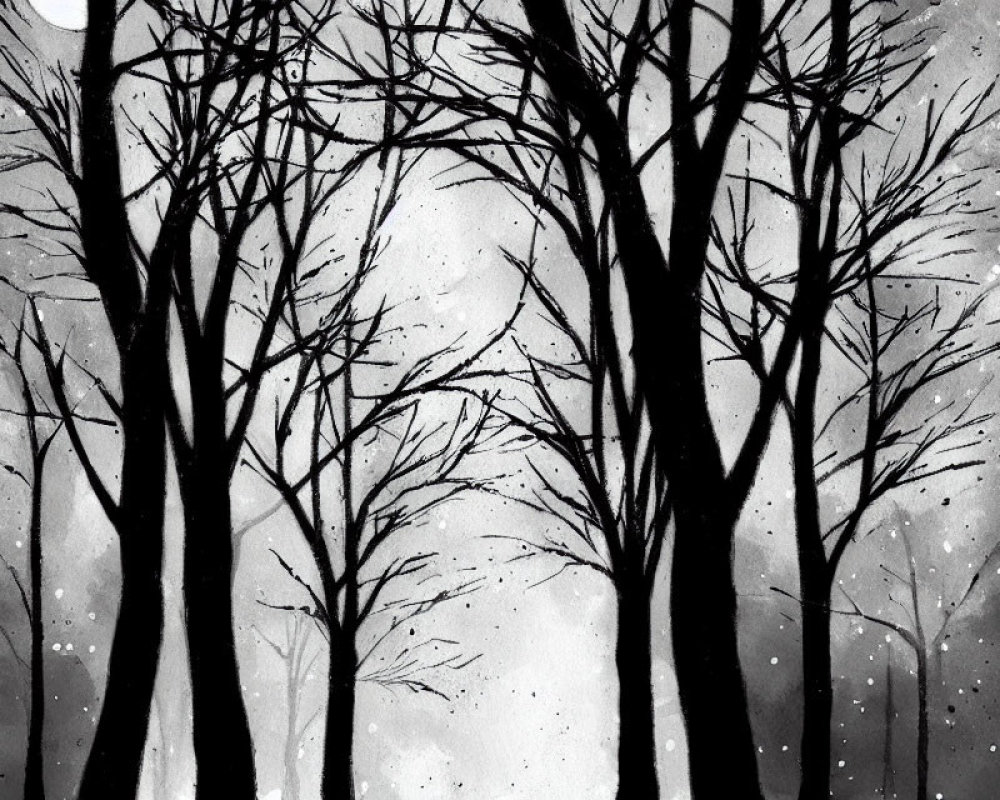 Monochrome painting of snowy trees in misty background