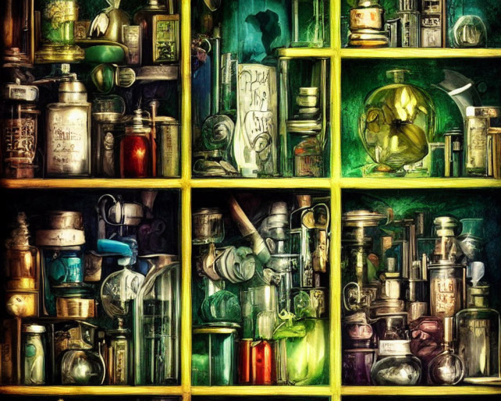 Vibrant shelves with vintage apothecary bottles and scientific apparatus