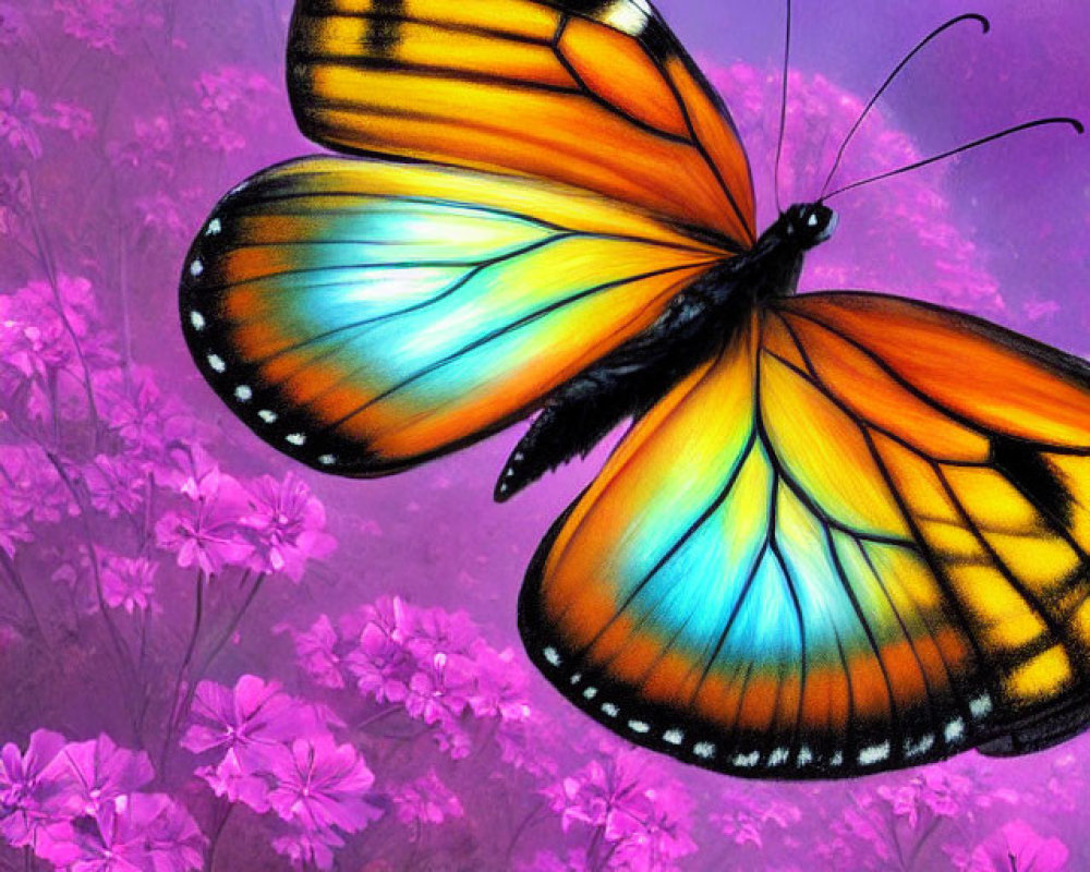 Vibrant orange and blue butterfly on pink flowers against purple background