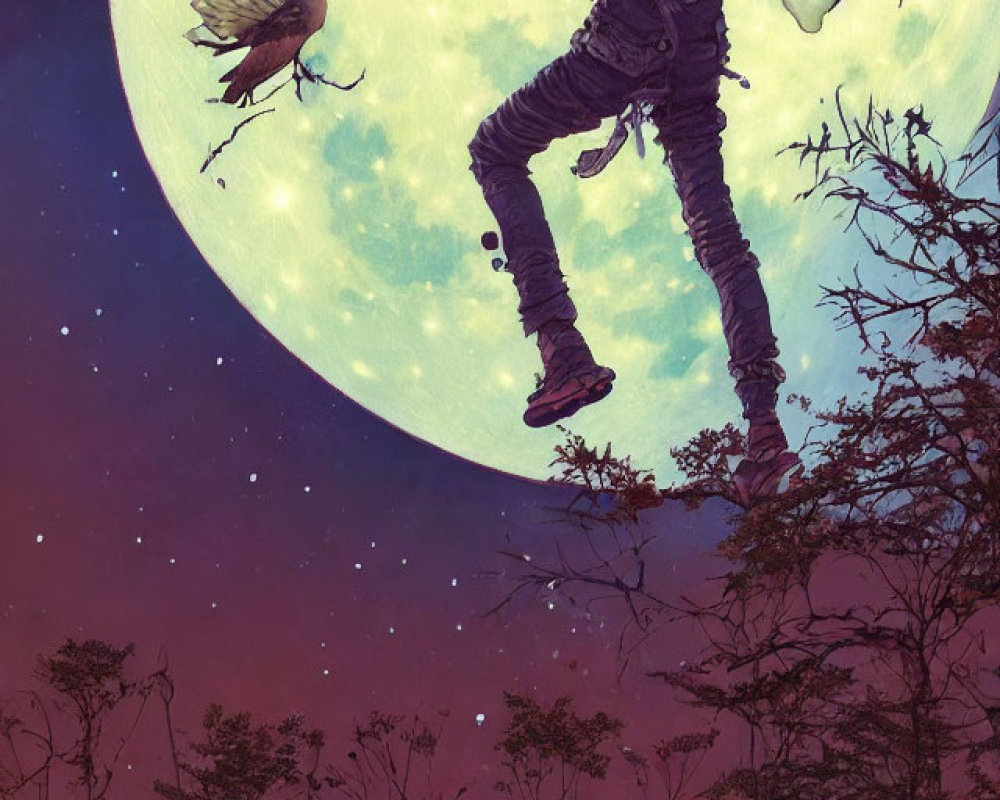 Silhouetted person with backpack reaching towards bird under moons and starry sky.