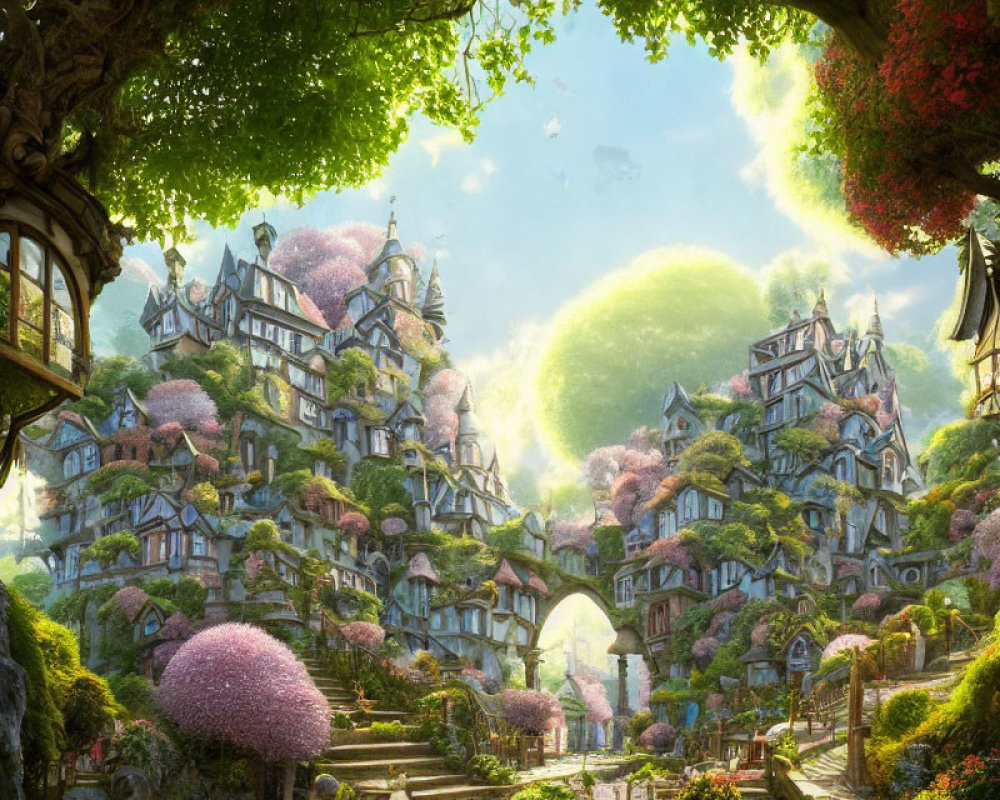 Fantasy landscape with fairy-tale houses in lush greenery