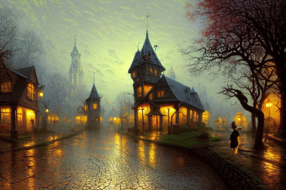 Cobblestone street at dusk with person holding umbrella and traditional houses under streetlight glow.